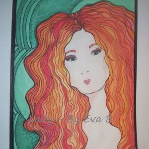 Handmade Pencil and Ink Drawing Of Woman With Red Hair Green Background 15x11